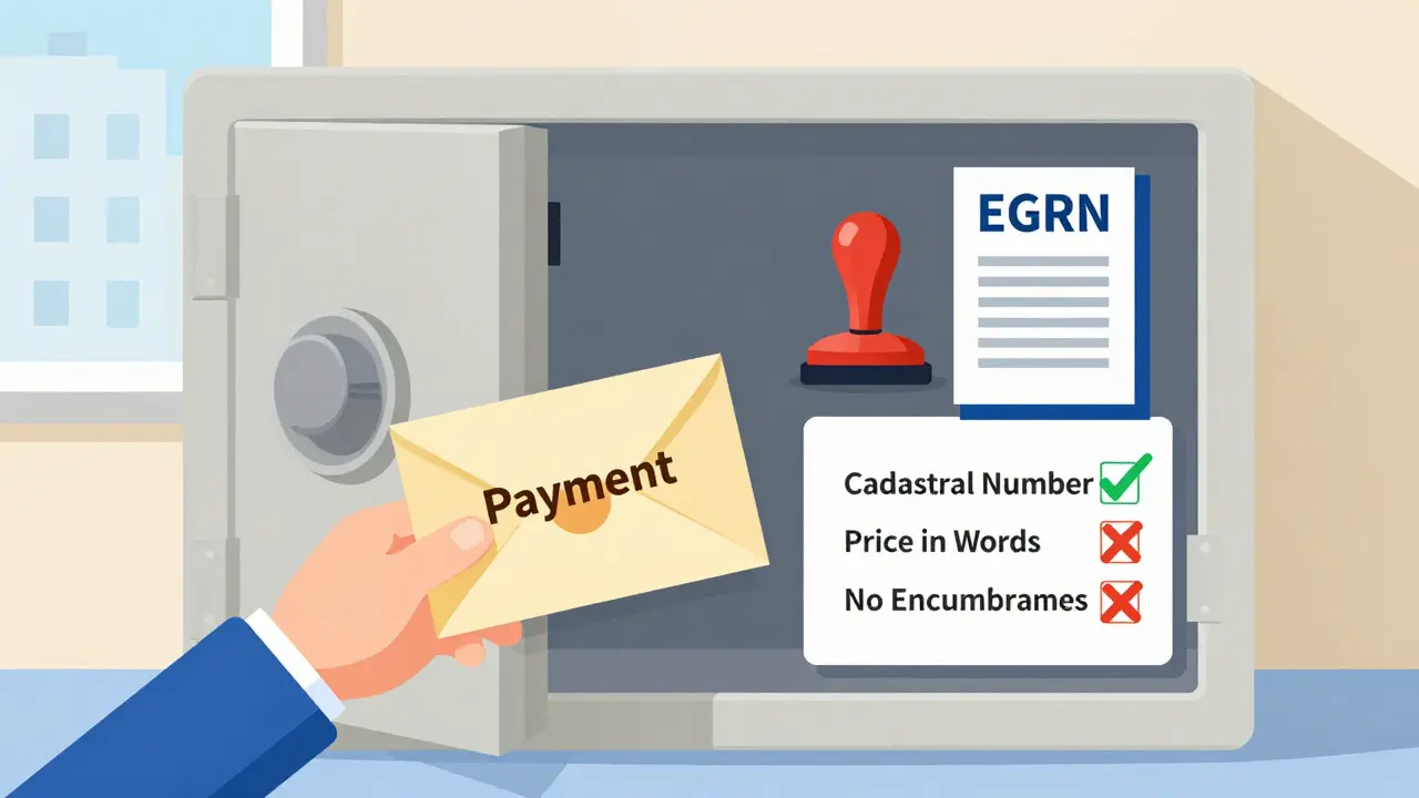 Банковская ячейка с оплатой и чек-листом обязательных условий договора купли-продажи квартиры.