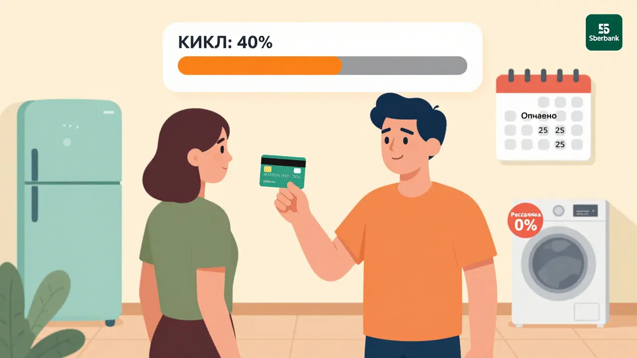 Человек использует кредитную карту и платит по рассрочке на технику вовремя.