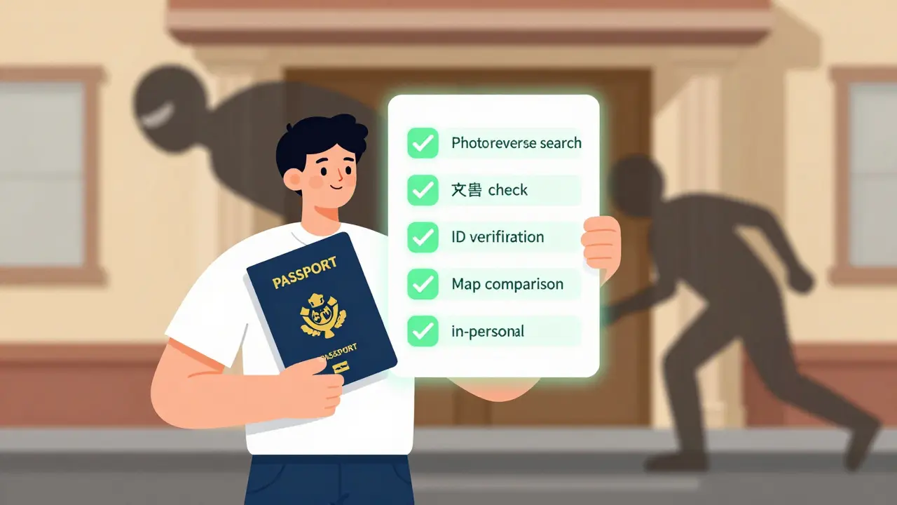 Человек проверяет документы на аренду квартиры, над ним — чек-лист из пяти шагов безопасности, мошенник исчезает в тени.