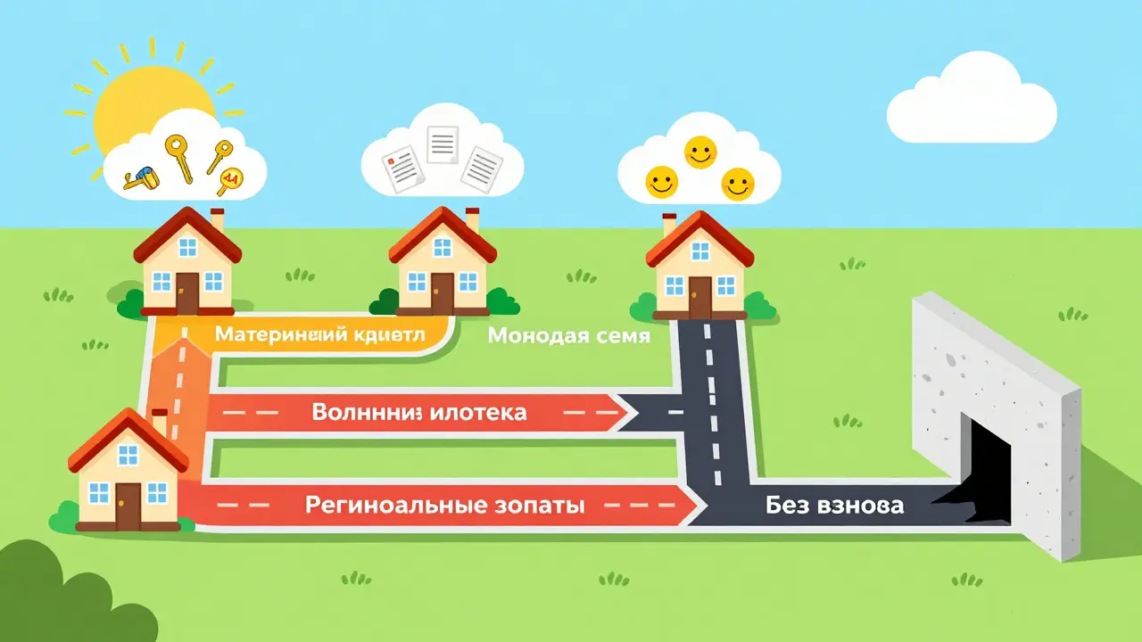 Четыре цветных пути ведут к дому, каждый обозначен государственной программой помощи, а путь без взноса ведет в тупик.