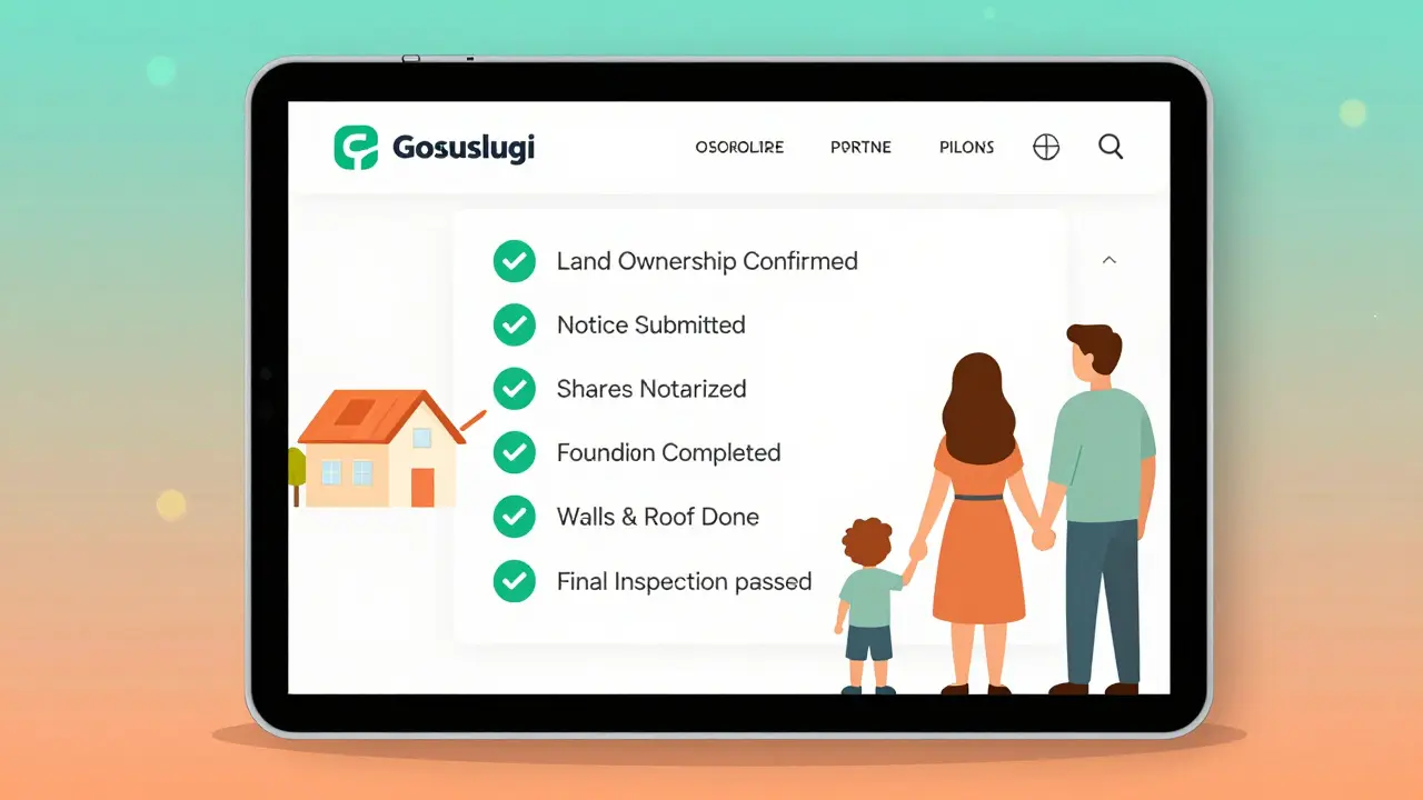 Цифровой чек-лист на планшете подтверждает все этапы получения материнского капитала для строительства дома.