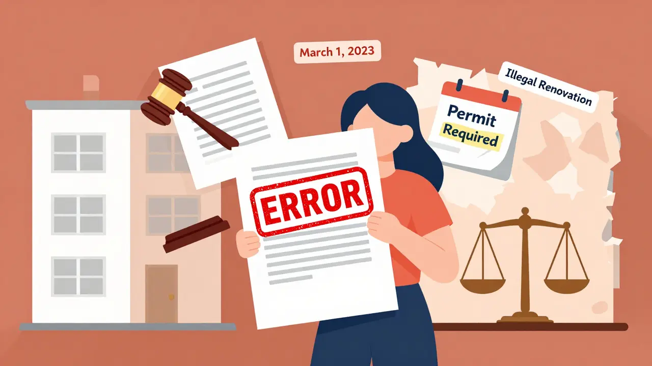 Договор с красной пометкой об ошибке, окруженный документами о незаконной перепланировке и судебных рисках.