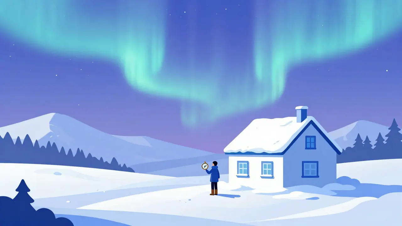 Дом в снежном регионе с северным сиянием