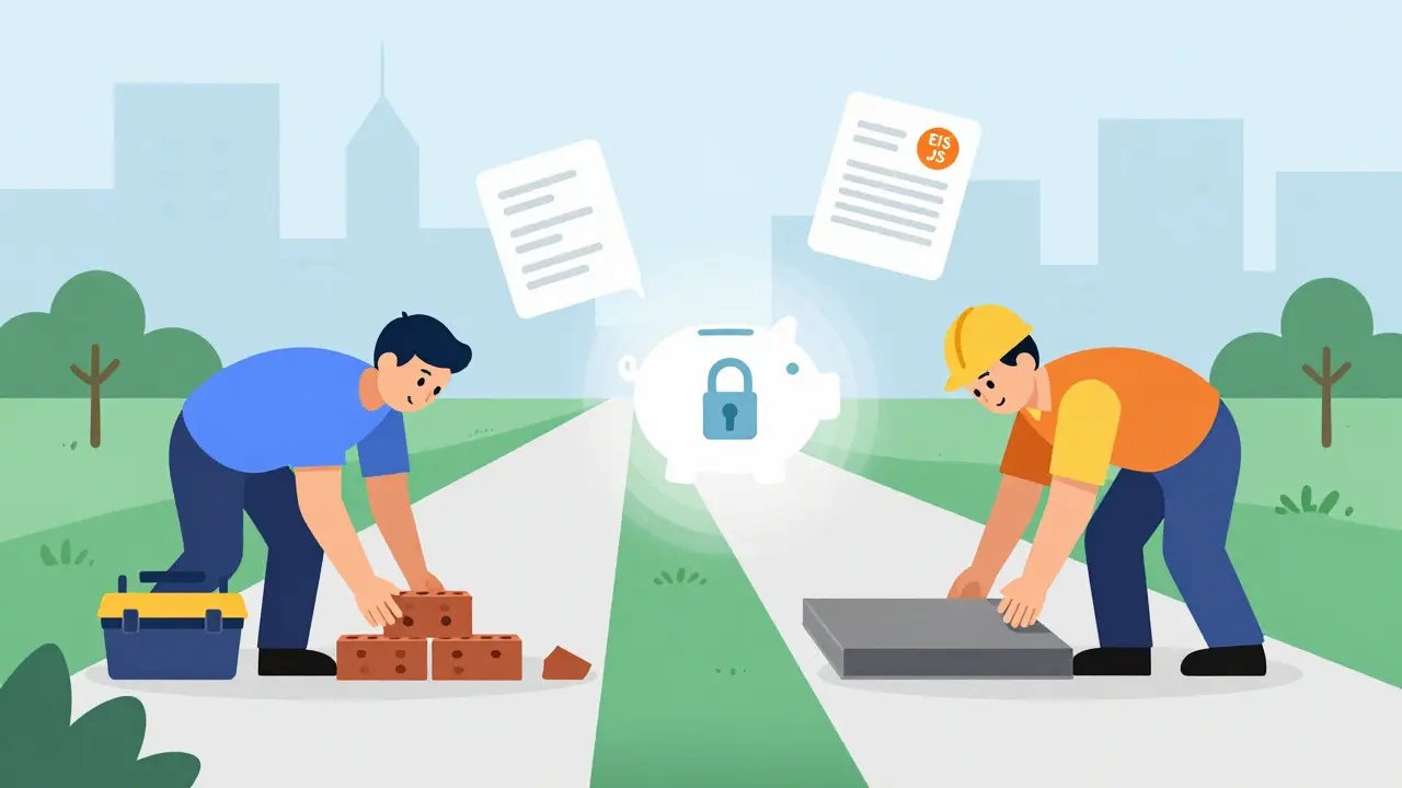 Два пути строительства: своими силами и с подрядчиком, с иконкой эскроу-счета между ними.