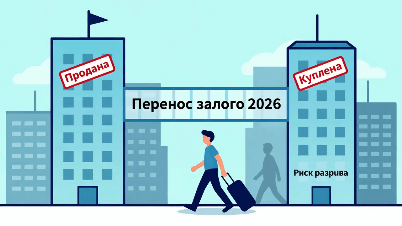 Городской пейзаж с мостом между двумя домами, символизирующим перенос ипотеки.