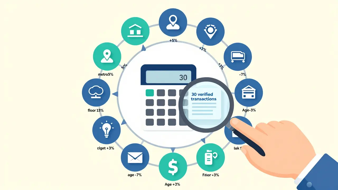 Круговая диаграмма из 12 факторов, влияющих на арендную ставку, с процентными весами и иконками, окруженная данными о сделках.