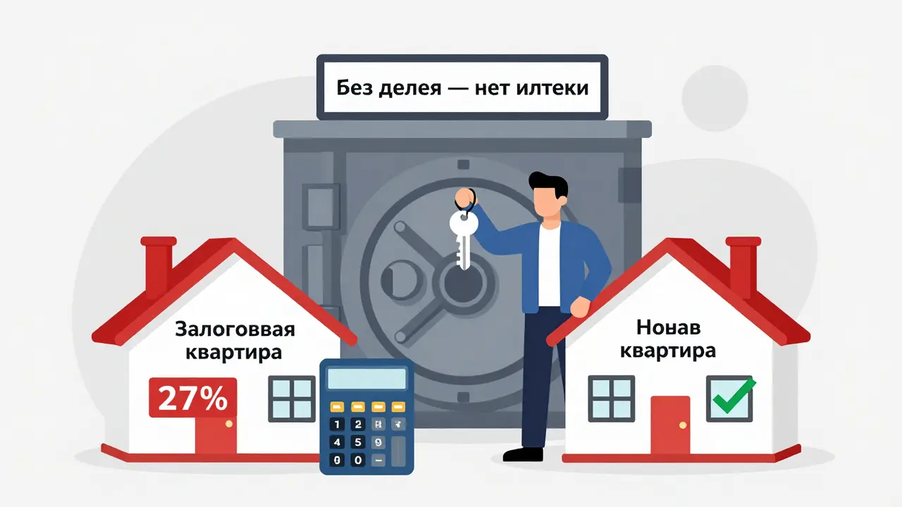Мужчина держит ключи от двух квартир: одна с высокой ставкой, другая — с одобрением, позади банк с надписью 'без денег — нет ипотеки'.