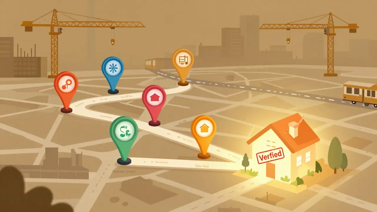 Путь к проверенной новостройке: шаги по документам ведут к дому с отметкой 'Проверено'.