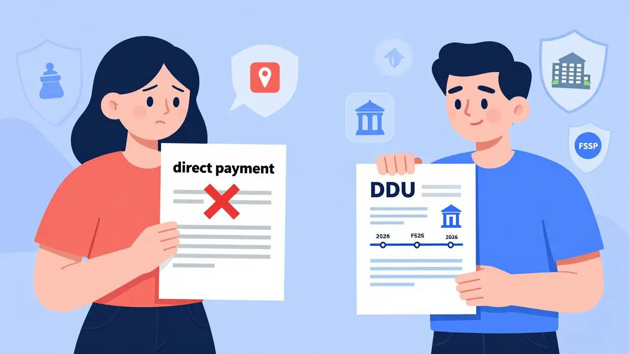 Разделённая сцена: слева — опасный договор без эскроу, справа — безопасный ДДУ с защитными значками.