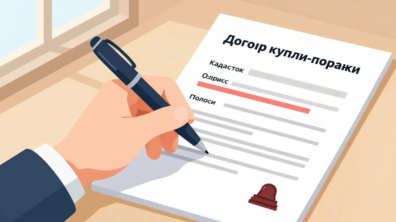 Рука подписывает договор купли-продажи с выделенными обязательными полями и печатью нотариуса.