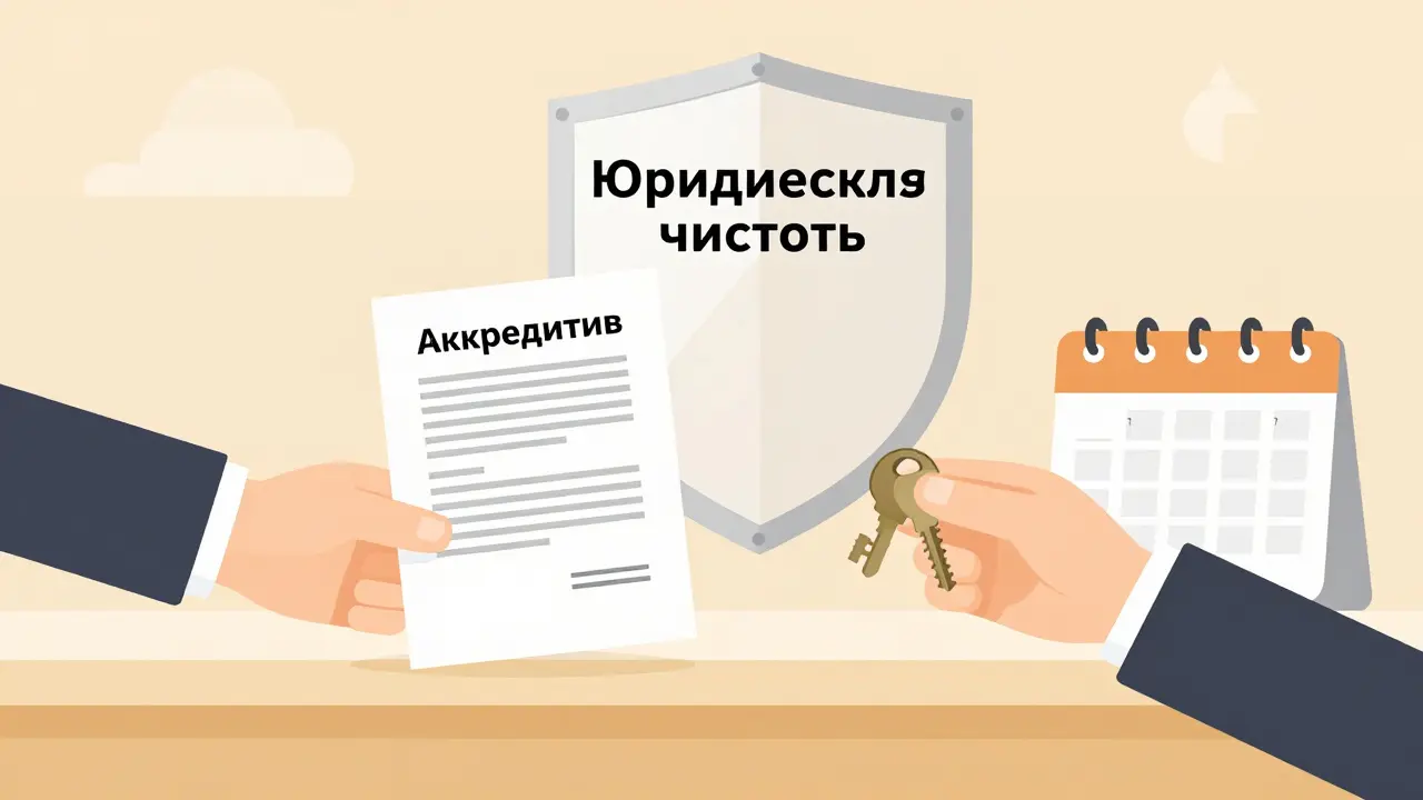 Руки обмениваются договором и ключом через банковскую стойку с защитным щитом и отметкой 'Аккредитив'.