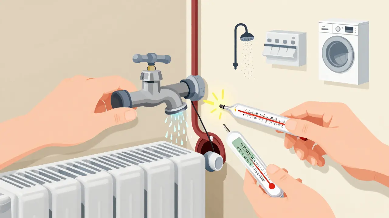 Руки проверяют водяной напор, температуру батарей и алюминиевую проводку в старой квартире.