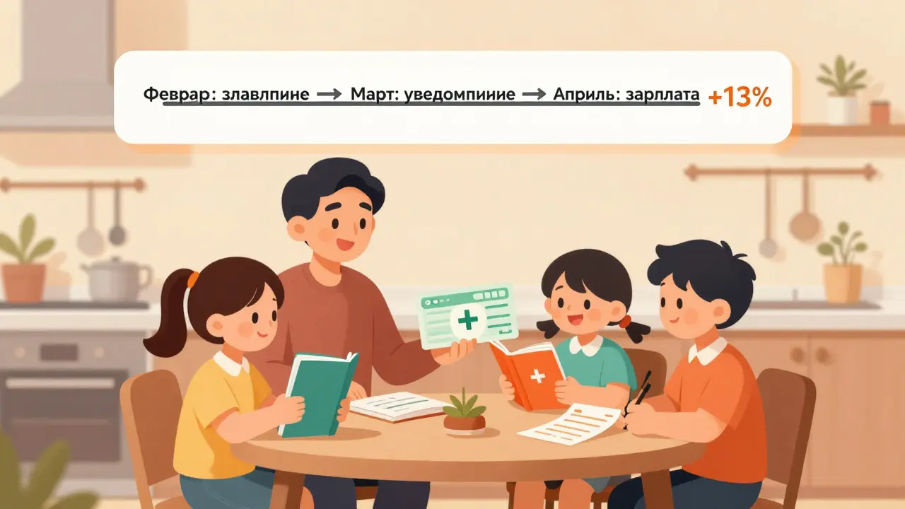 Семья радуется увеличению зарплаты, на фоне временная линия процесса получения налогового вычета.