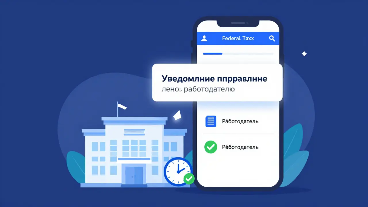 Смартфон показывает уведомление от налоговой, направленное работодателю, с плавающими значками документов и часов.