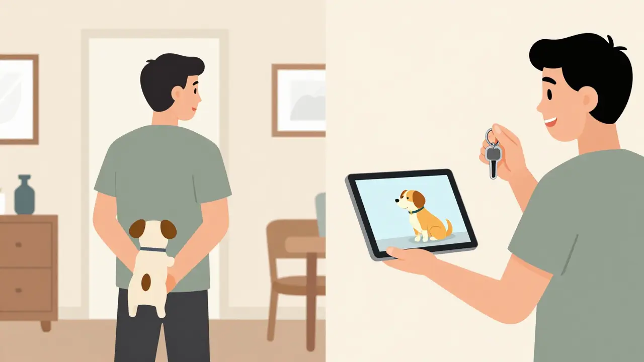 Сравнение двух сцен: скрывающий питомца арендатор и тот же человек, честно представляющий его владельцу.