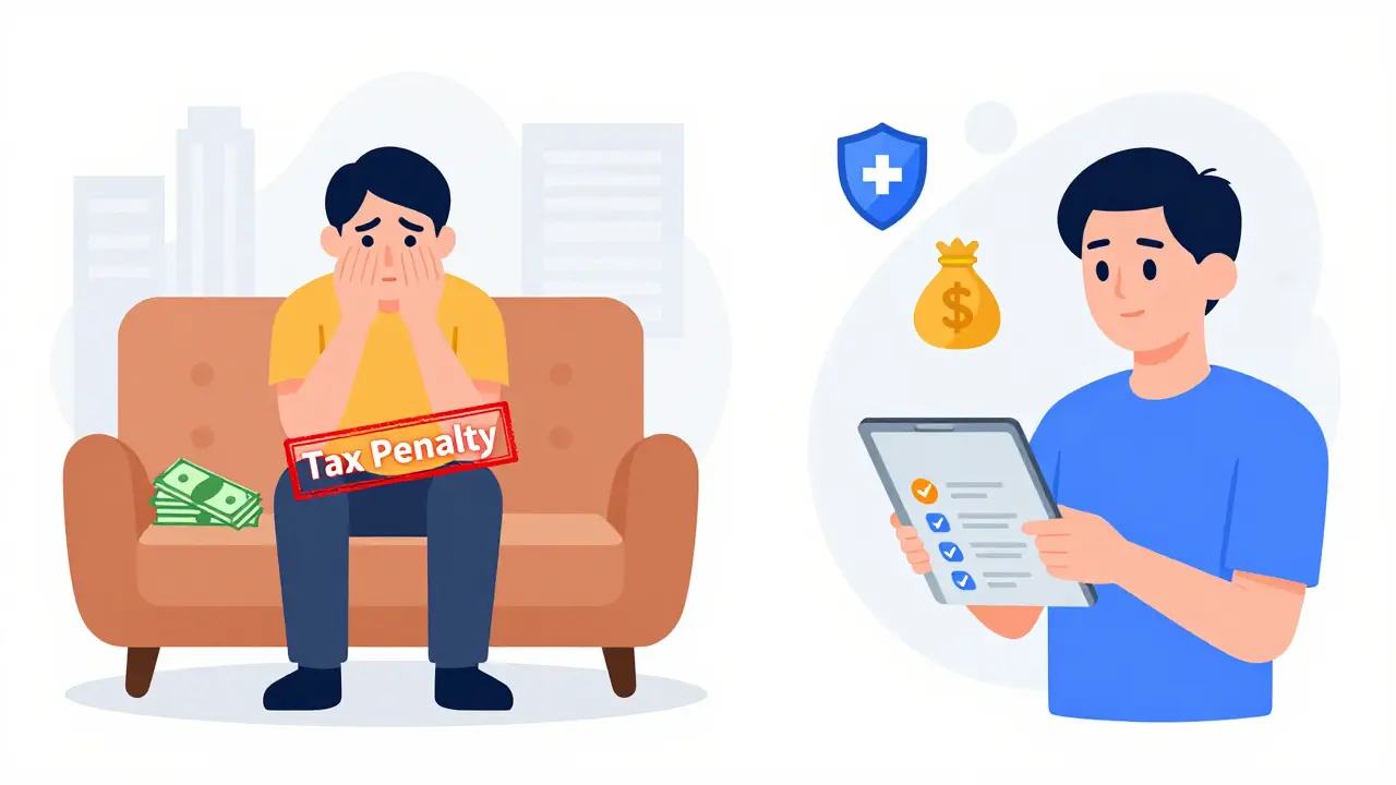 Сравнение: один человек прячет наличные с штампом «Налоговый штраф», другой — выставляет цифровой чек с символами защиты и экономии.