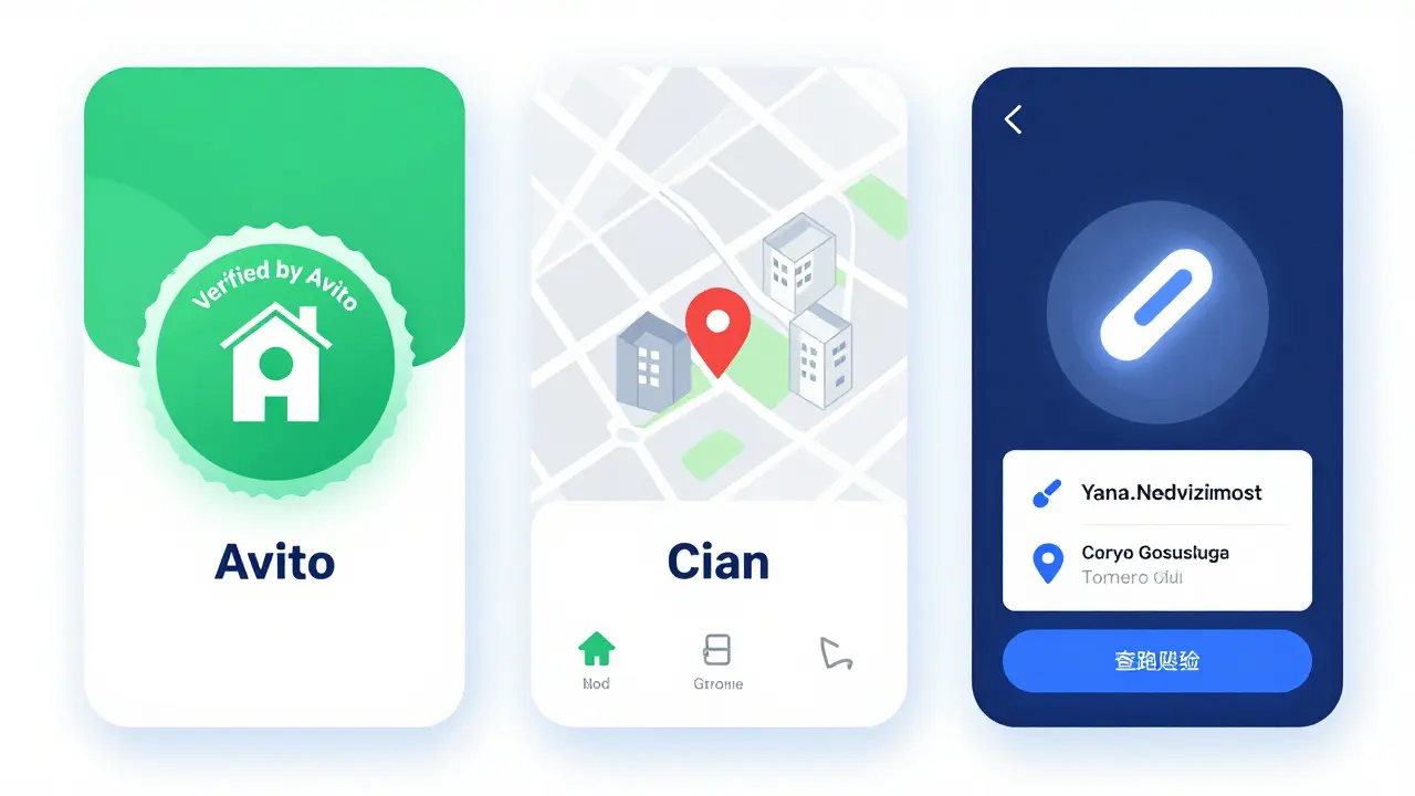 Три платформы для аренды жилья: Авито с меткой проверки, ЦИАН с картой, Яндекс.Недвижимость с интеграцией Госуслуг.