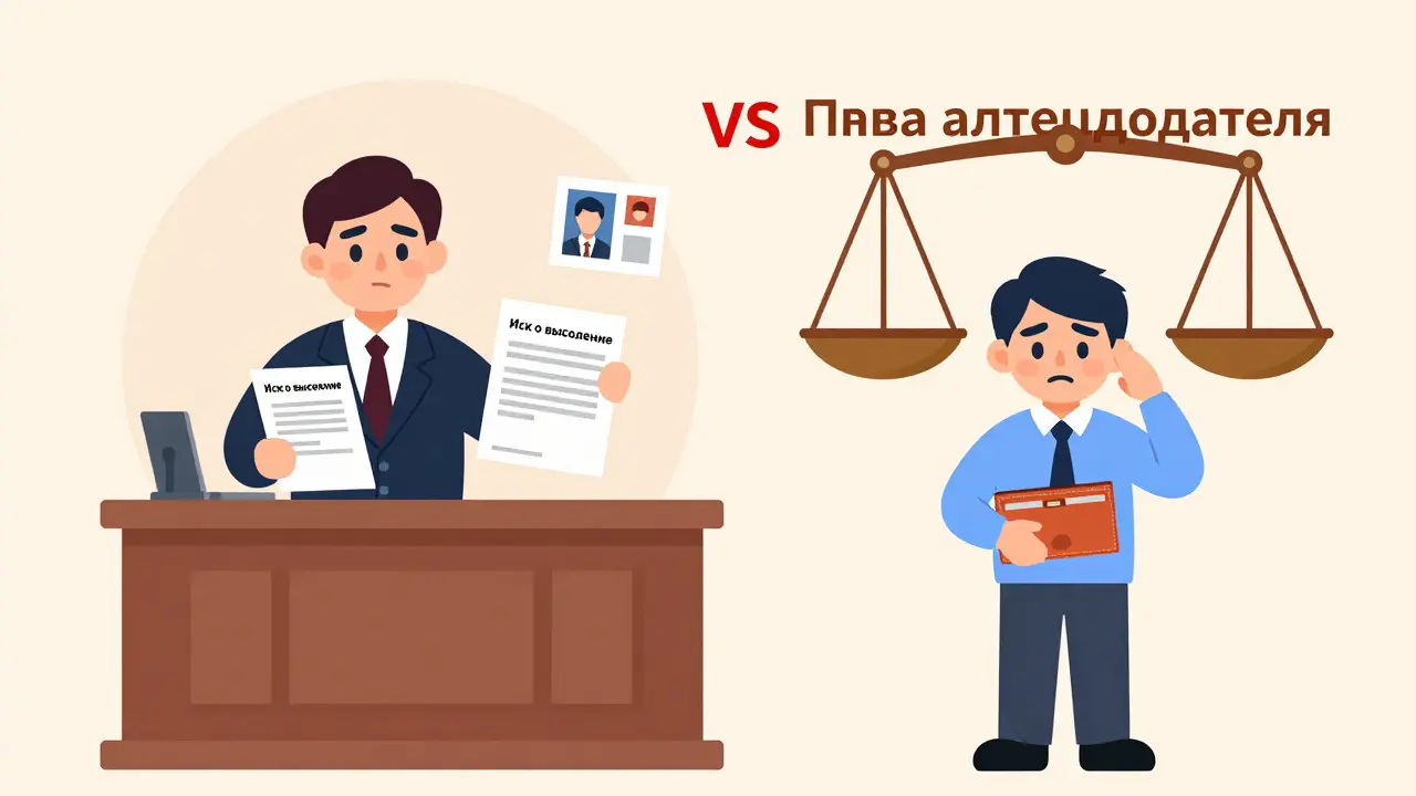 Арендодатель представляет доказательства в суде, арендатор стоит напротив с пустым кошельком.