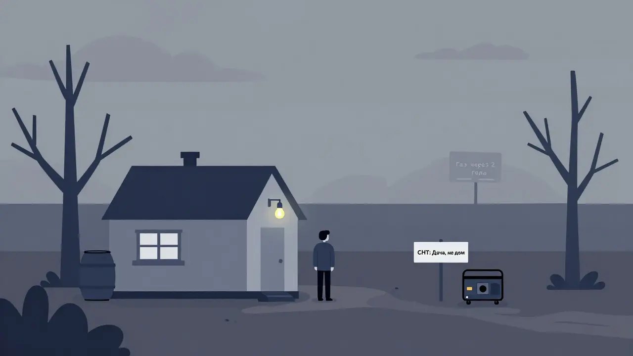 Человек на даче в СНТ с генератором и бочкой воды, вокруг нет газа и дорог.