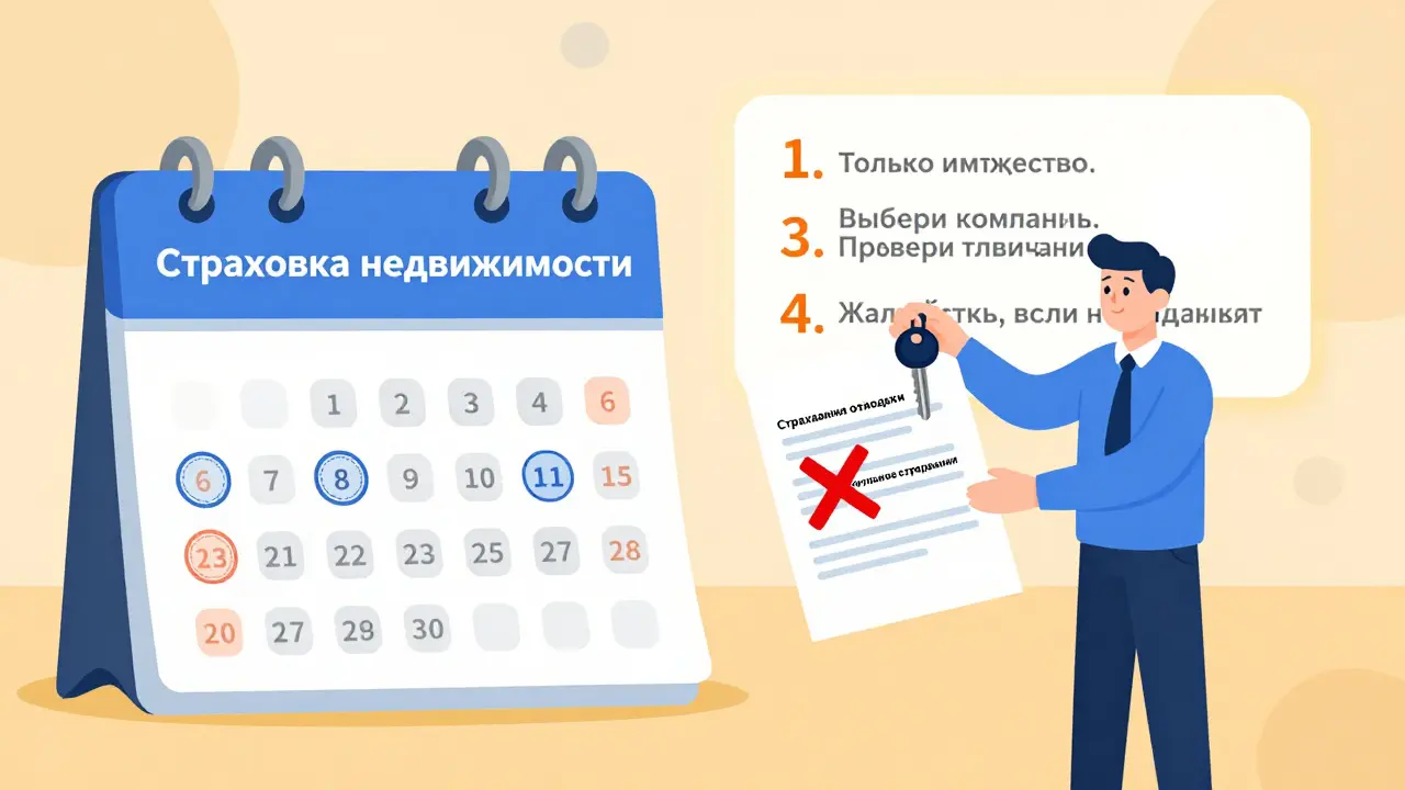 Человек с ключами от квартиры и календарем продления страховки, банк предлагает ненужные полисы