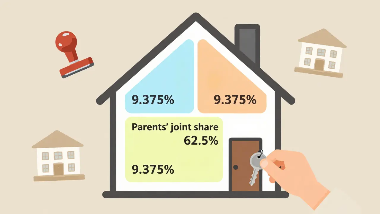 Дом с прозрачными долями, разделёнными на части, с иконками регистрации и ключа.