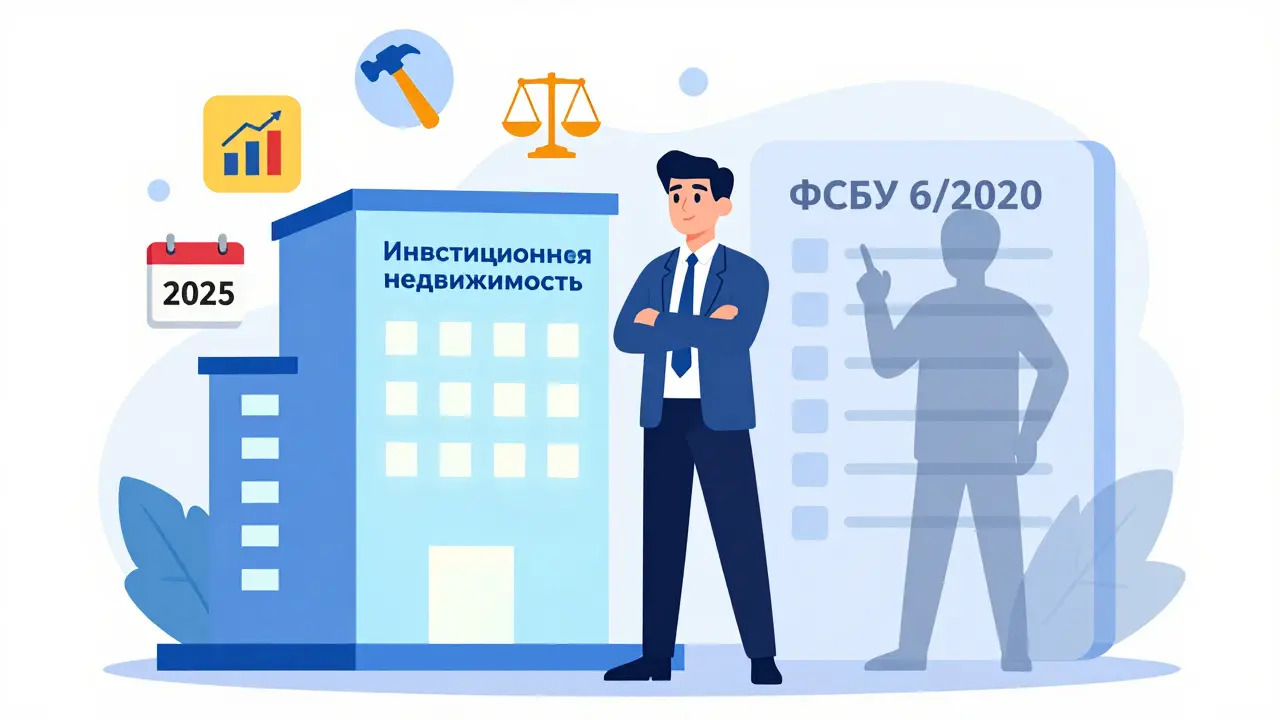 Инвестор с объектом недвижимости, вокруг — значки учета, налогов и требований ФСБУ 6/2020