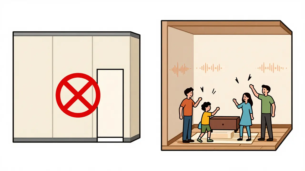 Контраст между шумом в панельном и тишиной в монолитном доме, показанный в плоской иллюстрации.