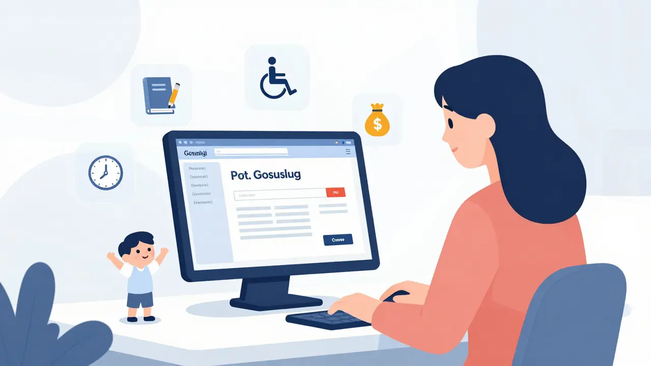 Мама подает заявление на маткапитал через Госуслуги, вокруг — символы образования и реабилитации.