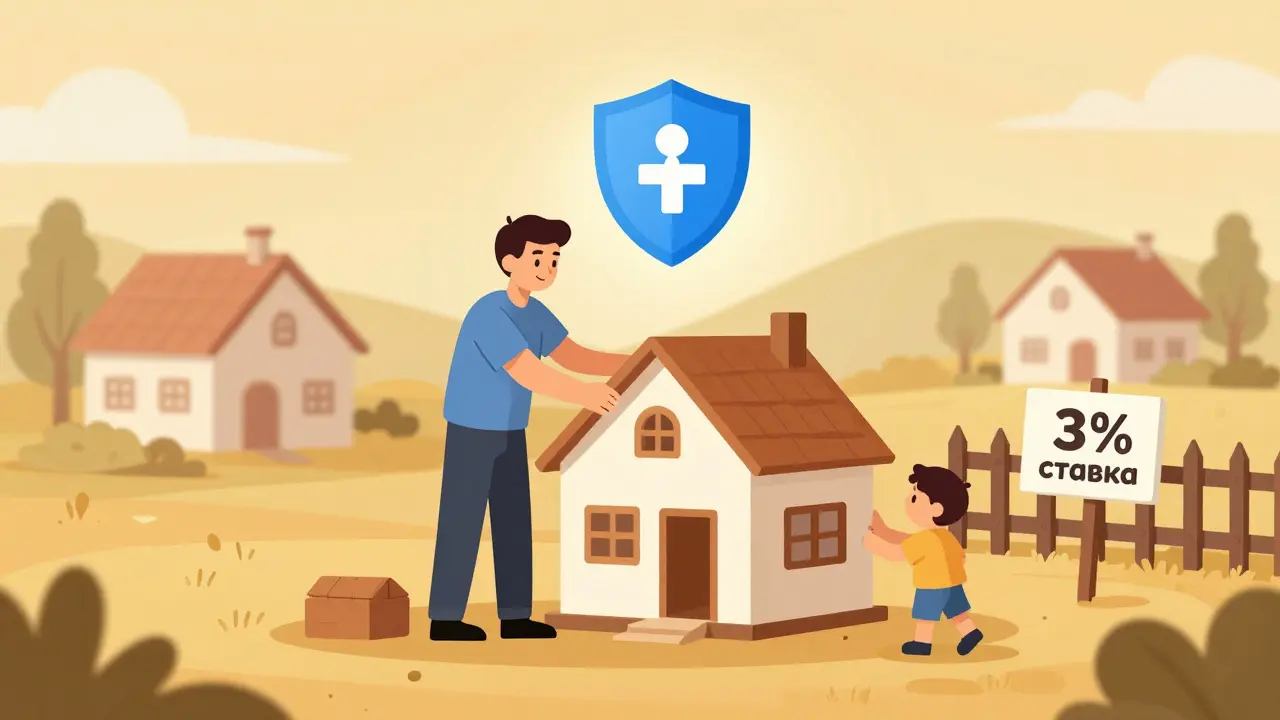 Мужчина строит дом в деревне с помощью комплекта, над ним светится значок льготной ипотеки 3%.