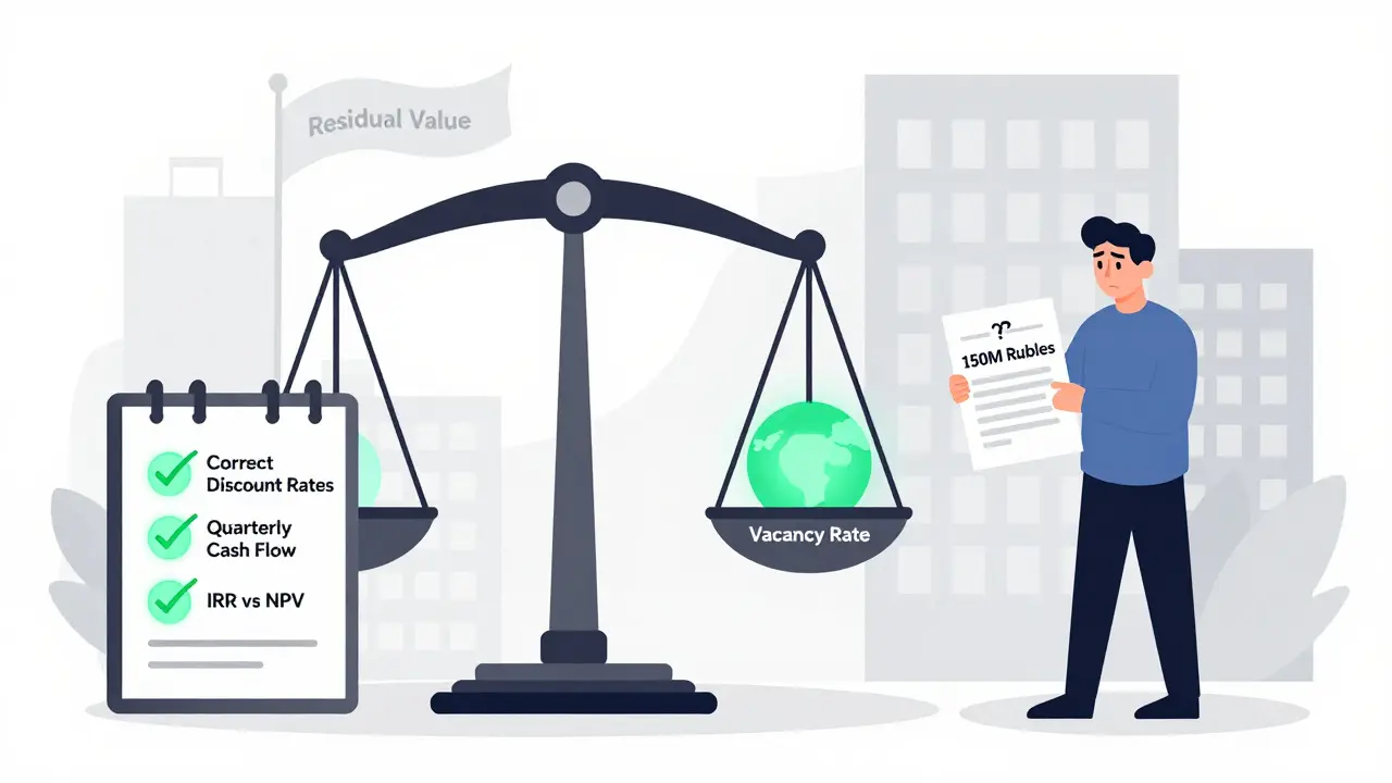 Неверные параметры расчета NPV и IRR: остаточная стоимость и вакансии падают, а правильные параметры светятся зеленым.