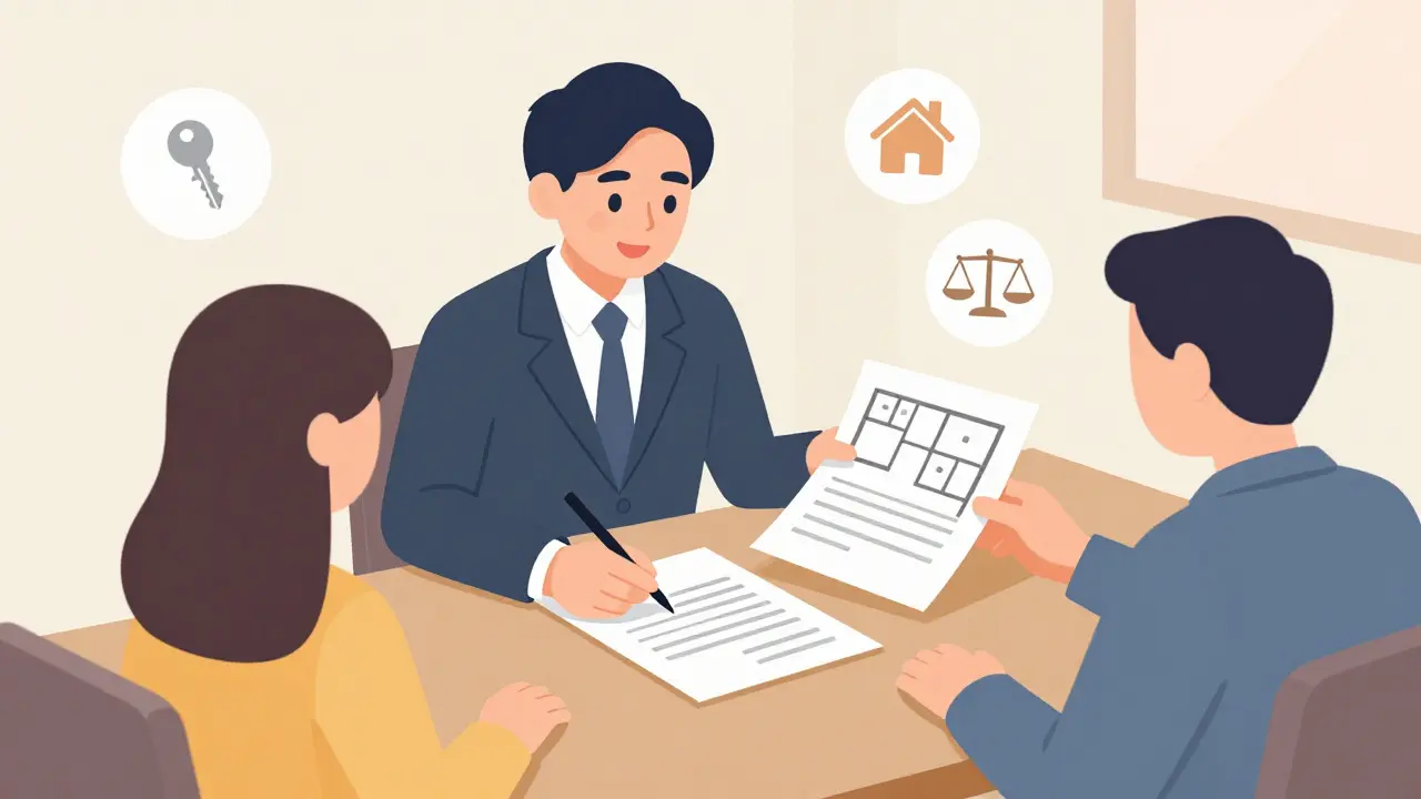 Нотариус удостоверяет договор о покупке доли комнаты с планом жилья.