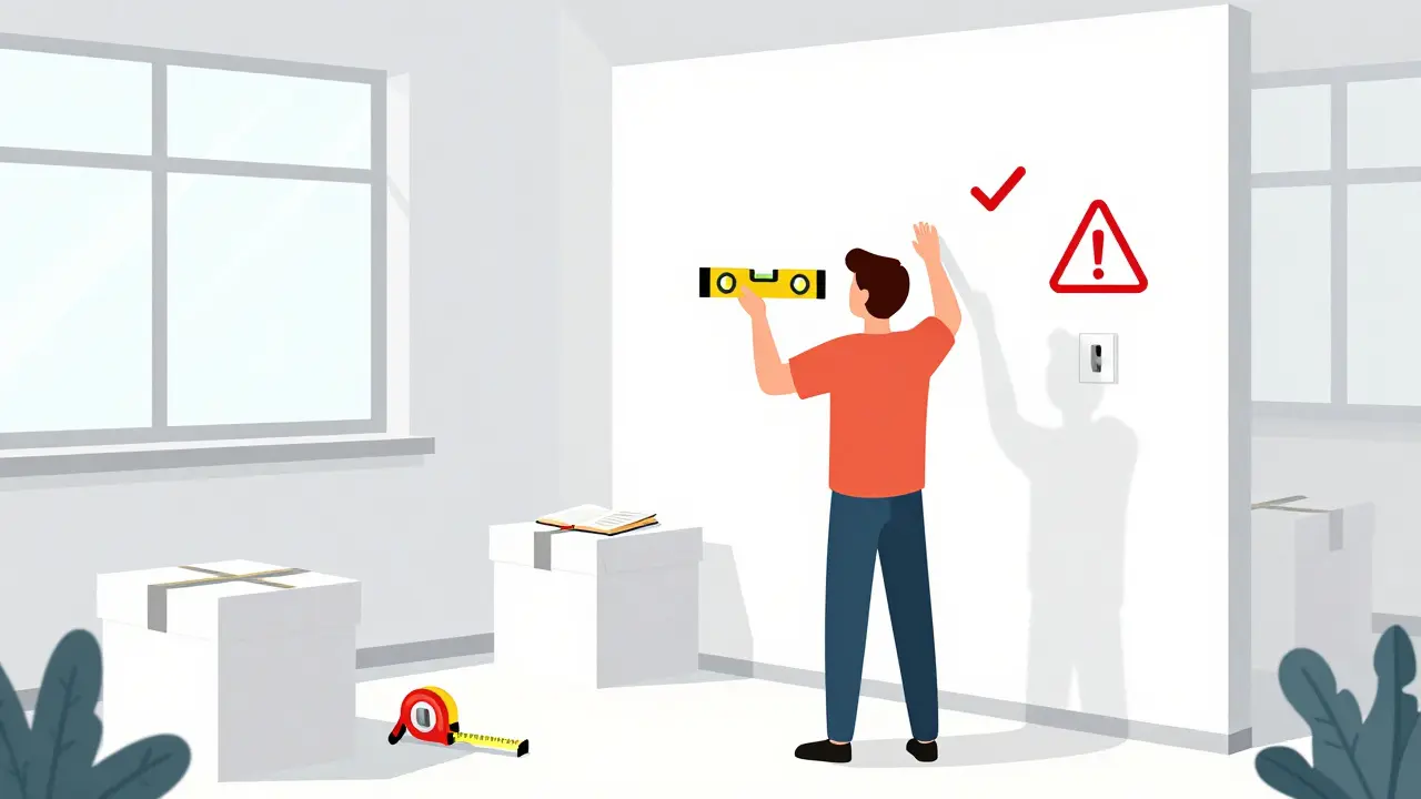 Покупатель проверяет качество белой коробки с лазерным уровнем, выявляя дефекты стяжки и розеток.