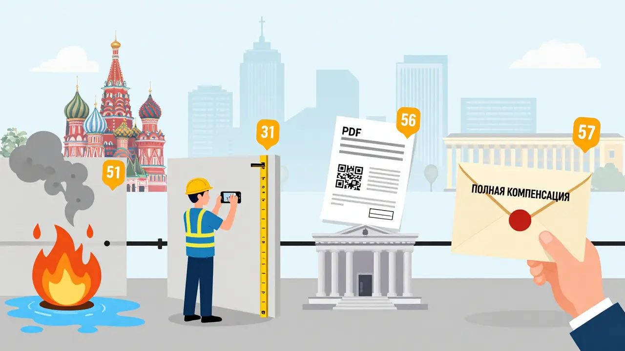 Пошаговая инфографика: от ущерба до получения компенсации с QR-кодом и судебным зданием.