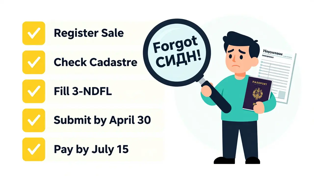 Проверочный список по продаже квартиры, один пункт пропущен — 'Забыл СИДН!', человек с паспортом Германии.