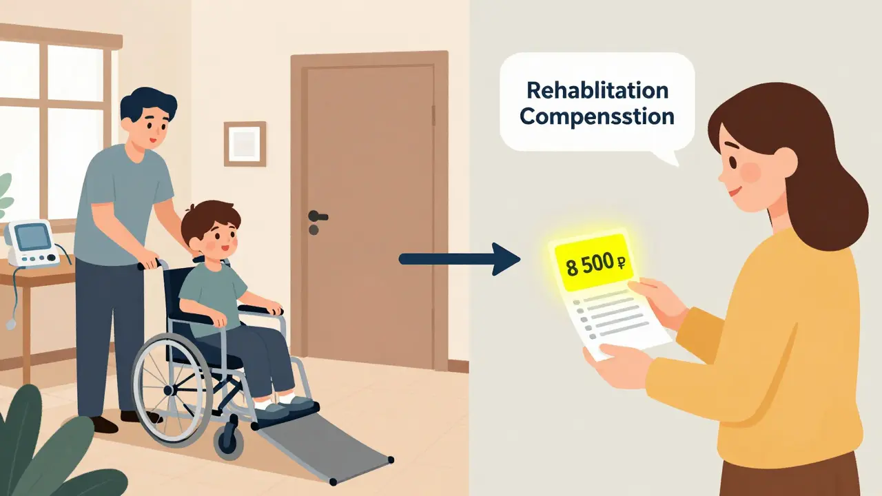 Ребёнок-инвалид получает помощь, а мать получает возмещение расходов на реабилитацию.