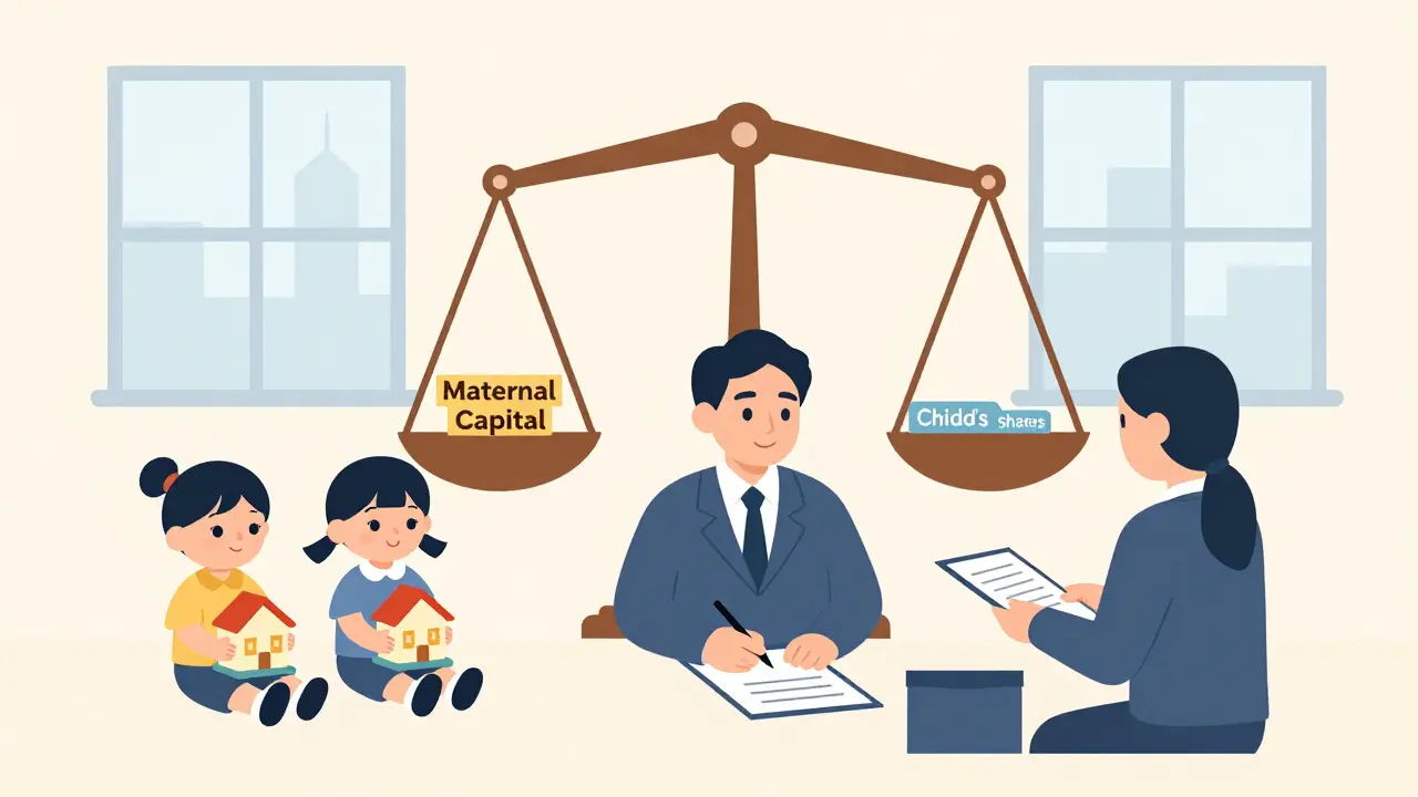 Родитель подписывает документ у нотариуса, дети рядом держат игрушечные дома.