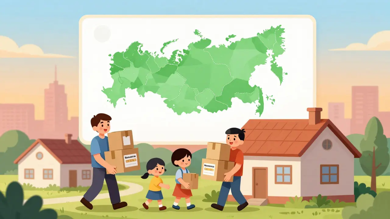 Семья переезжает в деревню, неся коробки с обозначением материнского капитала и ДДУ.