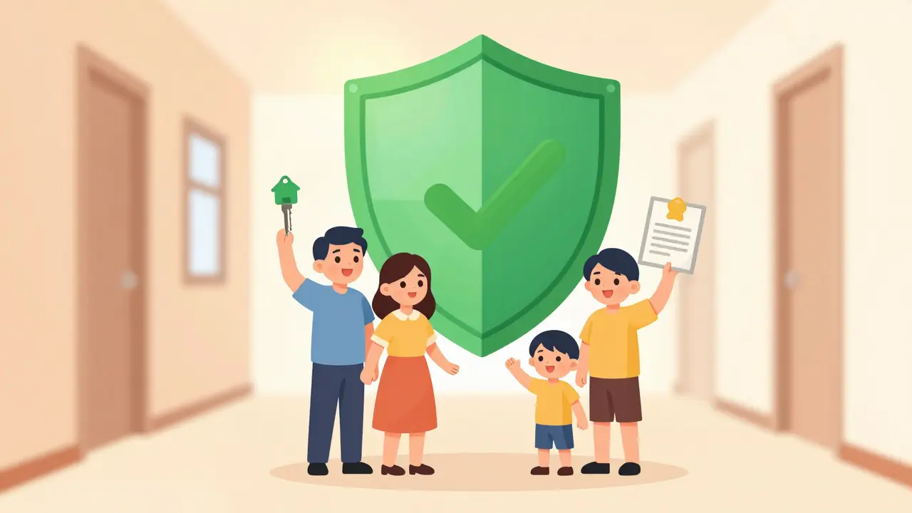 Семья с ключами от новой квартиры и значком защиты
