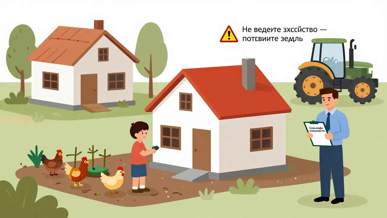 Семья строит дом на ЛПХ с курами и трактором, рядом чиновник с документами.