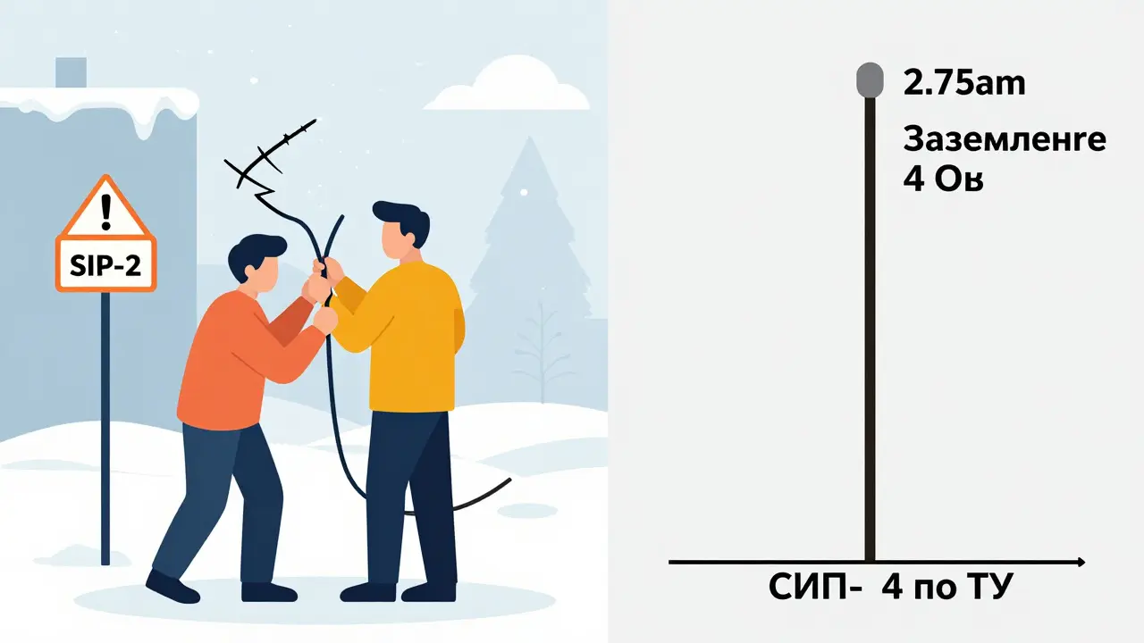 Сравнение неправильного и правильного подключения кабеля: слева — треснувший СИП-2, справа — правильный СИП-4 с заземлением и высотой ввода 2,75 м.