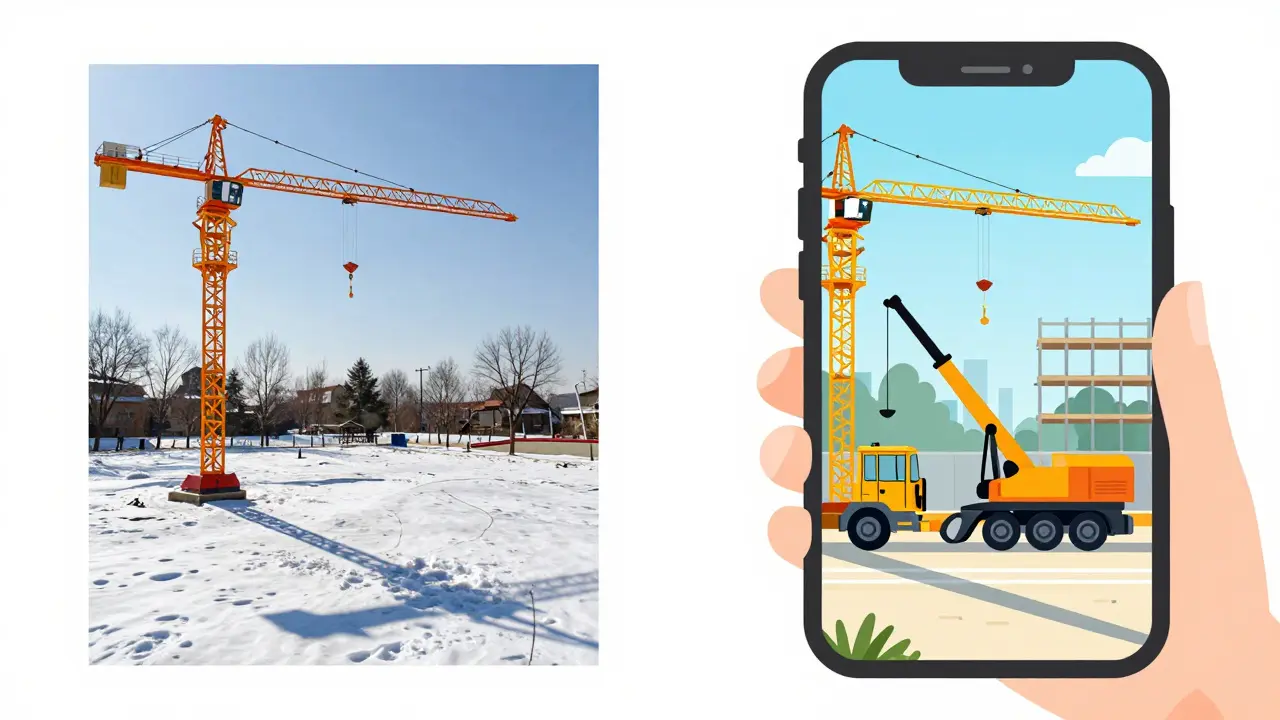 Сравнение поддельного и настоящего фотоотчета стройки: тени, краны и фон изменяются в реальности.