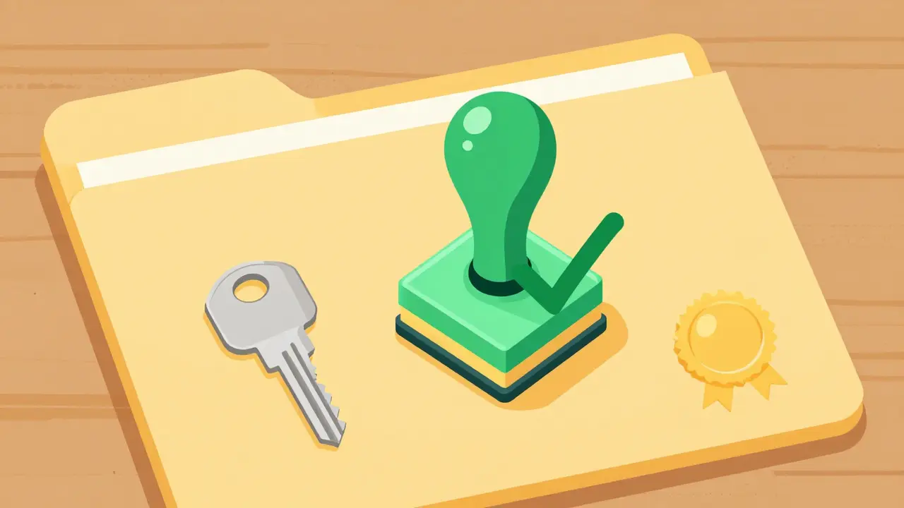 Штампик с галочкой на папке с документами о налоговой льготе.