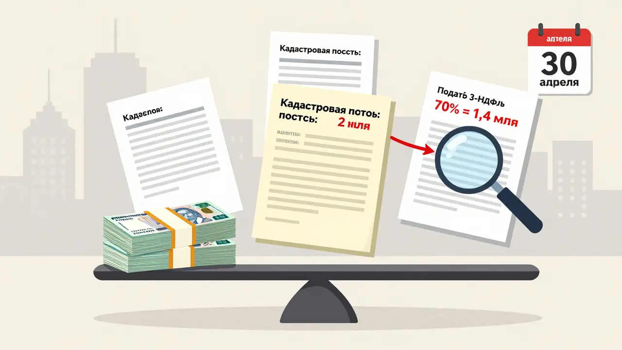 Весы с налоговым вычетом в 1 млн рублей и кадастровой стоимостью недвижимости.