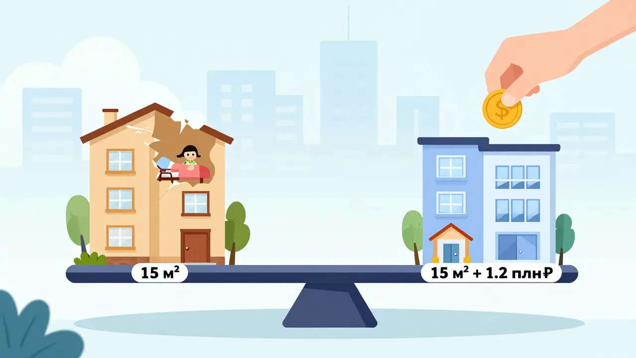 Весы сравнивают старую и новую квартиру: площадь одинакова, но новая имеет лучшую инфраструктуру и стоимость.