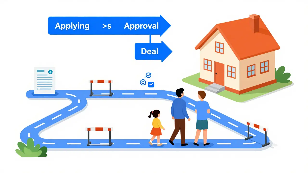 Иллюстрация этапов получения семейной ипотеки в виде полосы препятствий