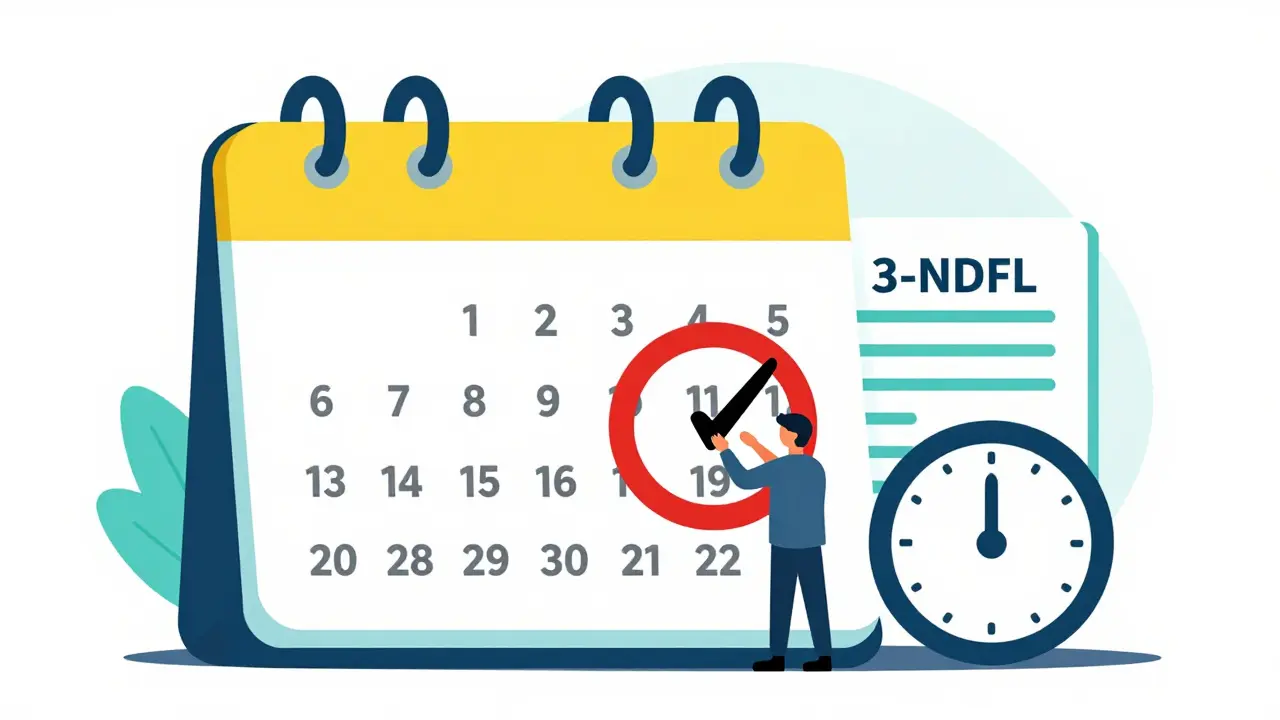 Календарь с отмеченной датой 30 апреля и налоговой декларацией