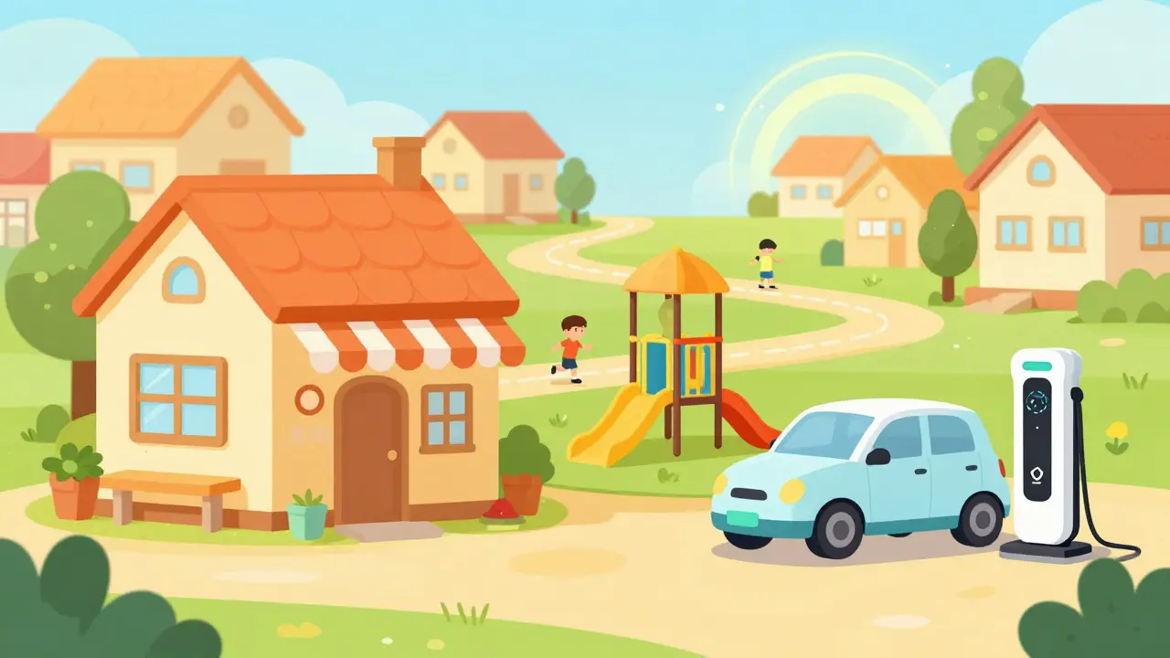 Магазин, детская площадка и зарядка для электромобилей в поселке