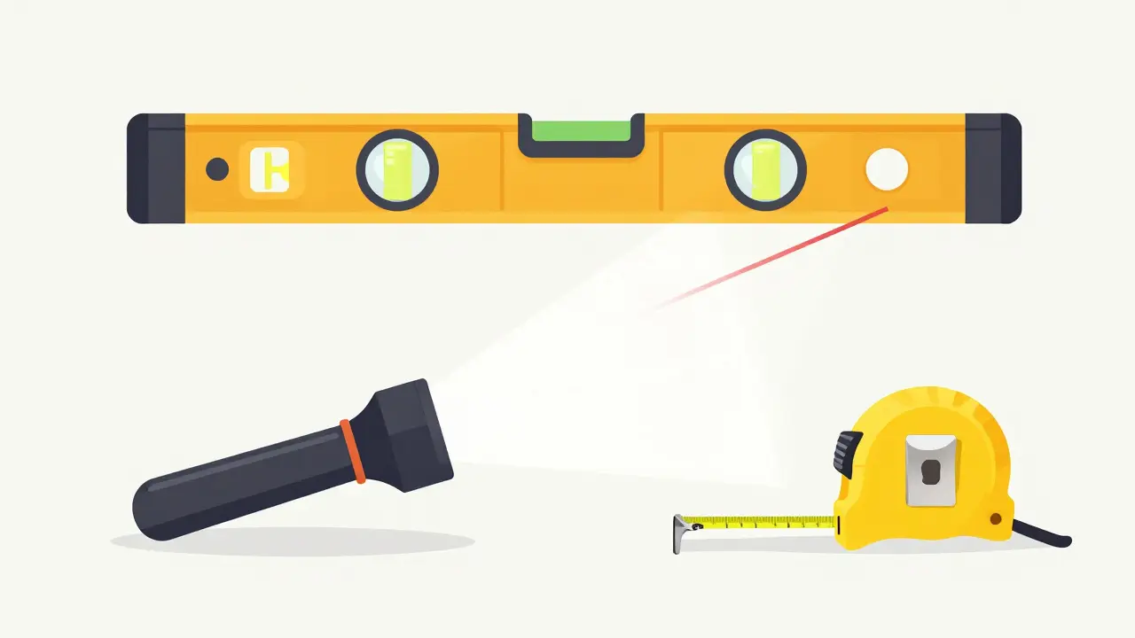 Набор инструментов для приемки квартиры: лазерный уровень, фонарик и рулетка