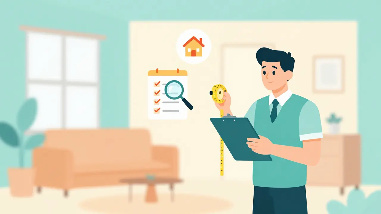 Оценщик с рулеткой и планшетом проводит осмотр квартиры