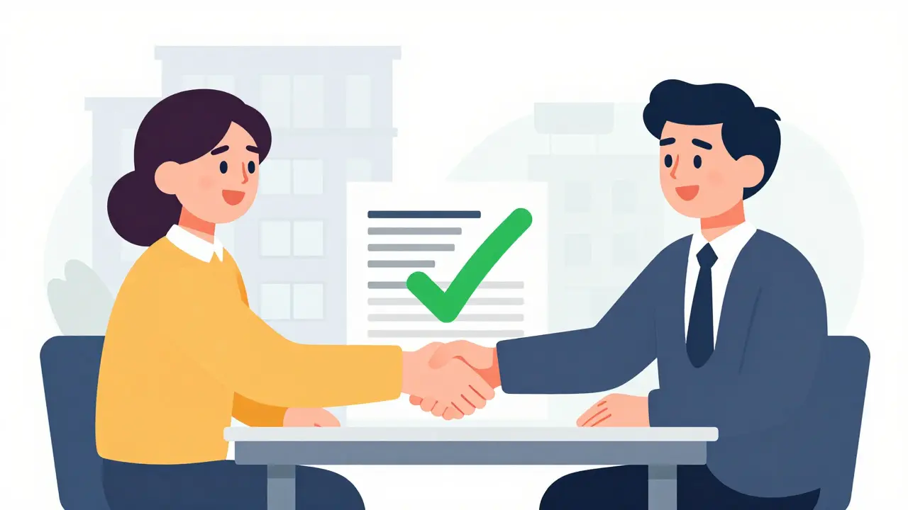 Продавец, покупатель и агент по недвижимости жмут руки после сделки